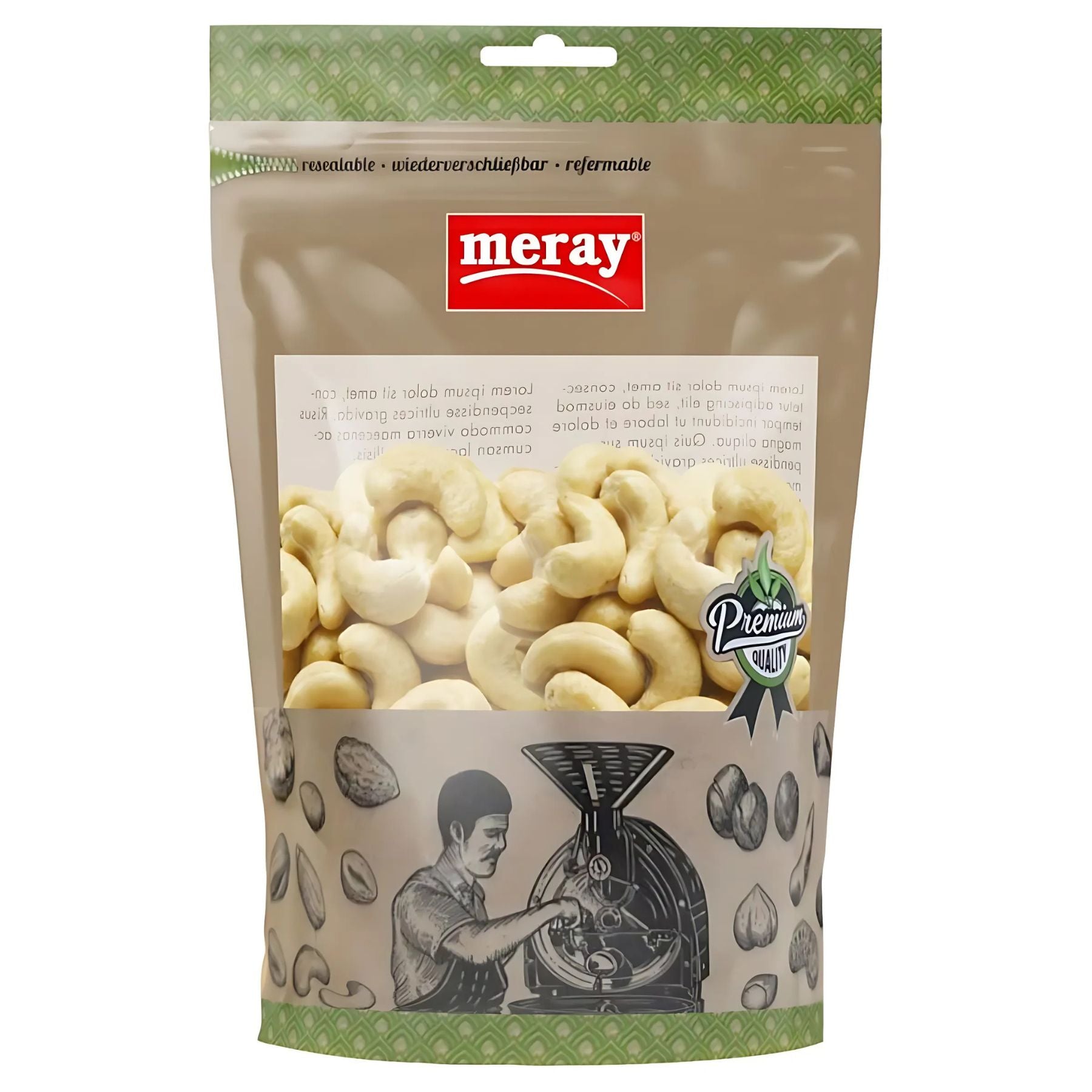 A 150g resealable bag of Meray Cashew Kernels Raw, featuring product branding and an illustration of a person roasting nuts—a healthy snack choice. A 150g resealable bag of Meray Cashew Kernels Raw, featuring product branding and an illustration of a person roasting nuts—a healthy snack choice.
