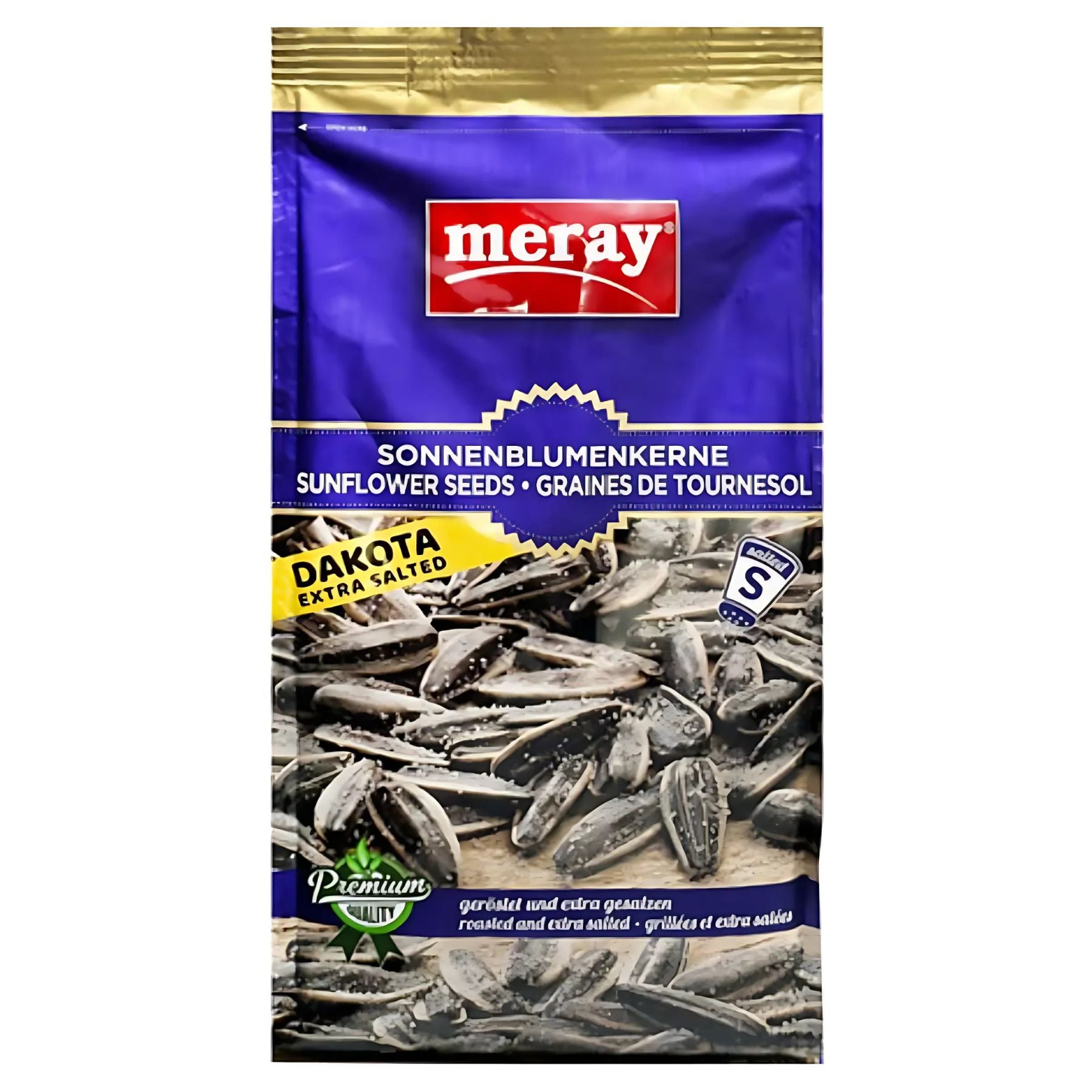 A 250g pack of Meray Dakota Sunflower Seeds Roasted and Extra Salted Shell, featuring a blue and purple design with sunflower seeds on the front—a tasty, healthy snack option. A 250g pack of Meray Dakota Sunflower Seeds Roasted and Extra Salted Shell, featuring a blue and purple design with sunflower seeds on the front—a tasty, healthy snack option.