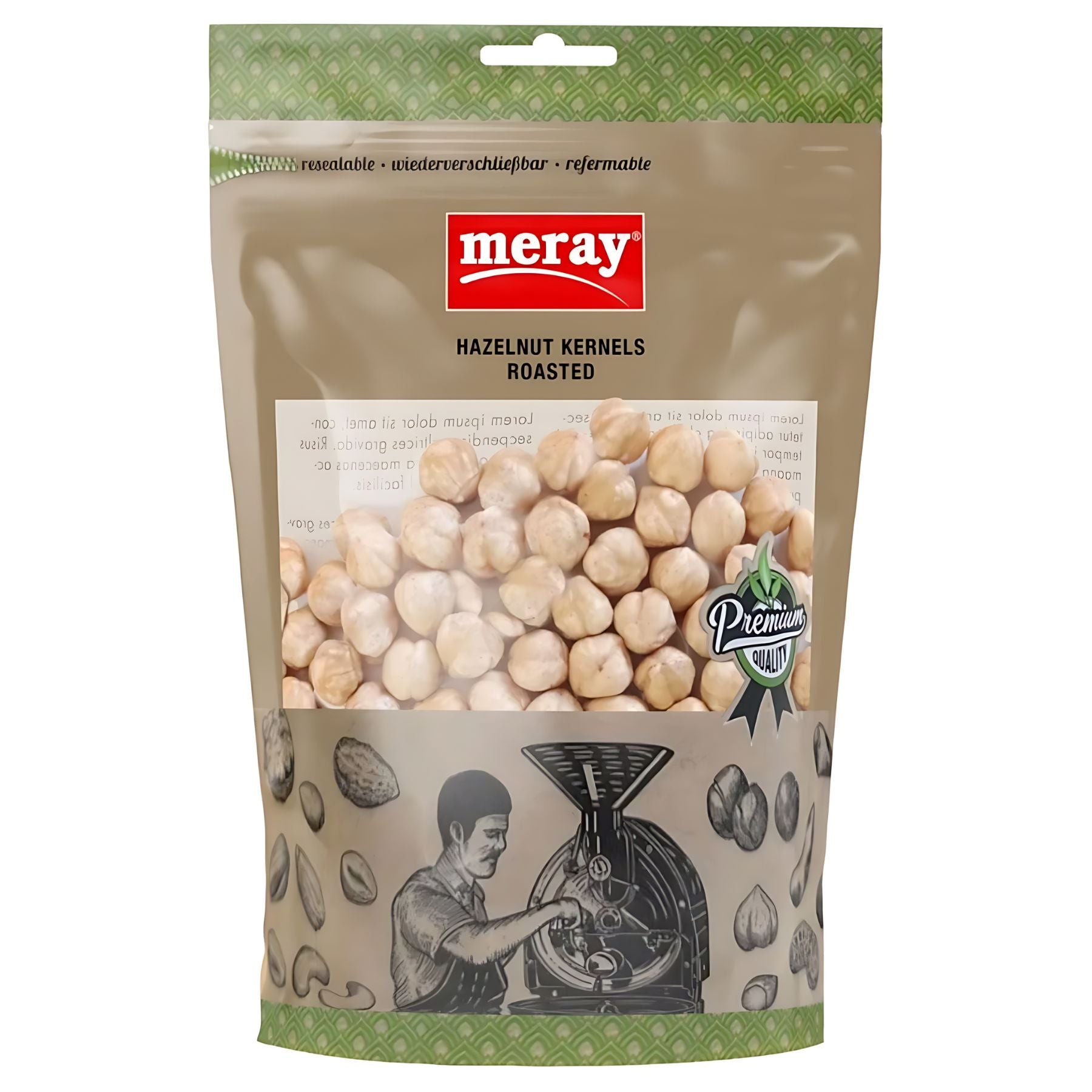 Meray - Hazelnut Kernels Roasted (150g) comes in a resealable bag with a "Premium Quality" label and nut-roasting illustration—ideal for a healthy snack. Meray - Hazelnut Kernels Roasted (150g) comes in a resealable bag with a "Premium Quality" label and nut-roasting illustration—ideal for a healthy snack.