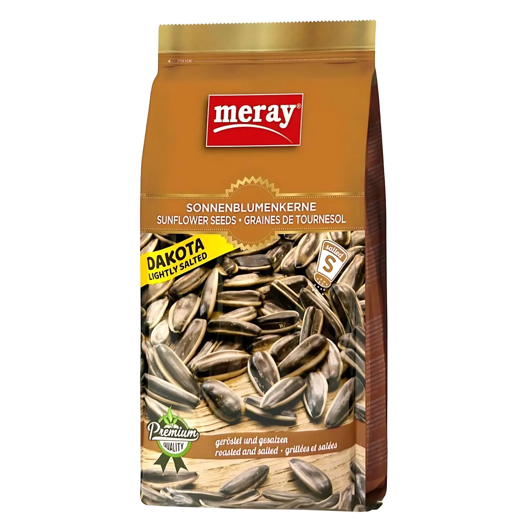 Meray - Lightly Salted Dakota Sunflower Seeds (250g) come in a brown and yellow pack with sunflower seed images—ideal as a protein snack. Meray - Lightly Salted Dakota Sunflower Seeds (250g) come in a brown and yellow pack with sunflower seed images—ideal as a protein snack.
