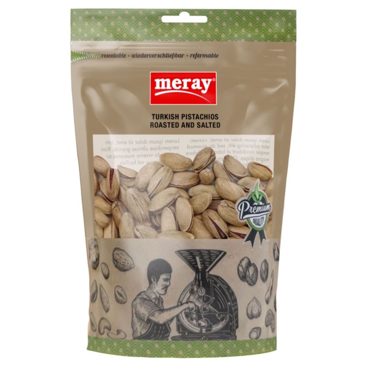 Meray - Pistachios In Shells Roasted and Salted - 150g pistachios in a bag on a white background.