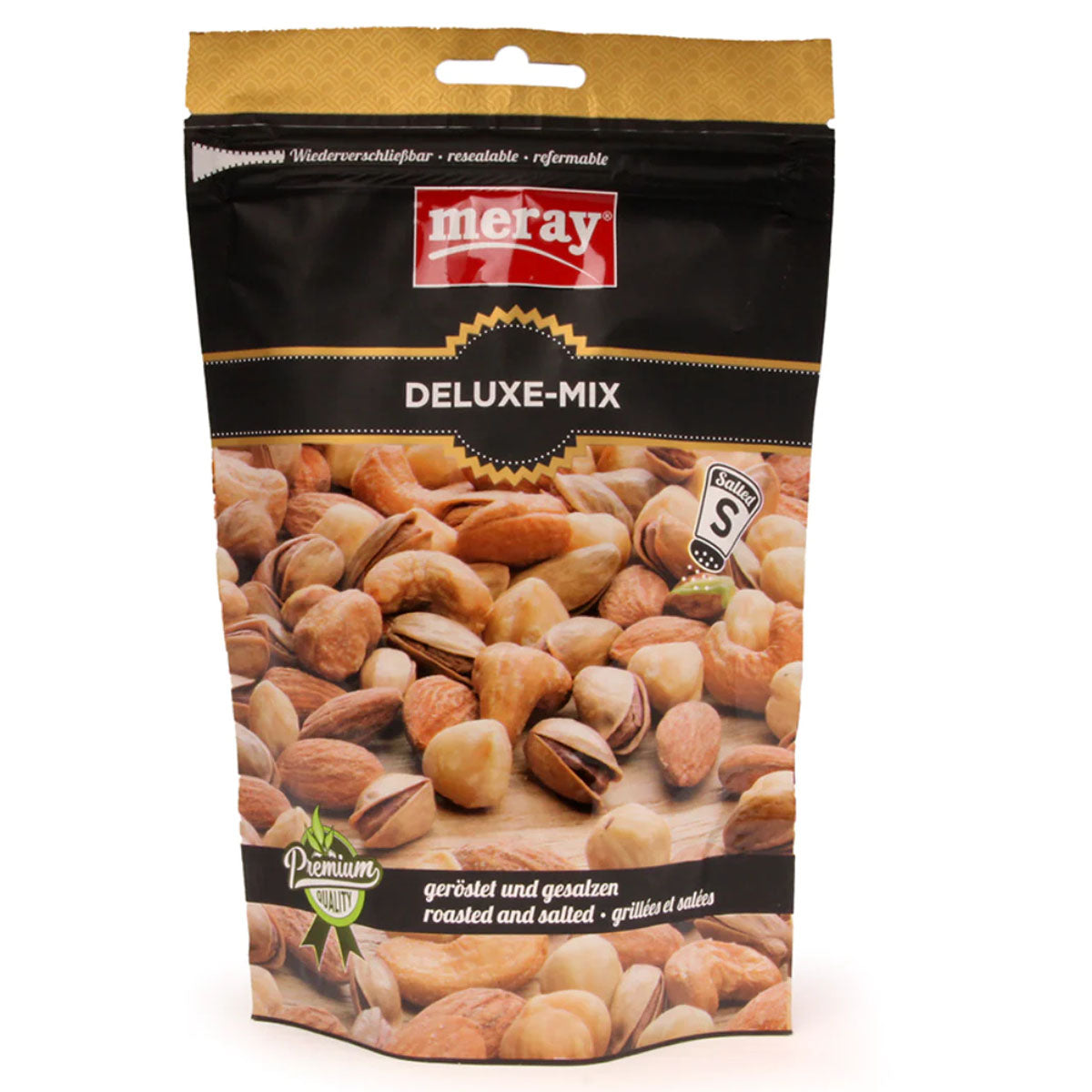 A bag of Meray - Roasted Nut Deluxe Mix - 150g on a white background.