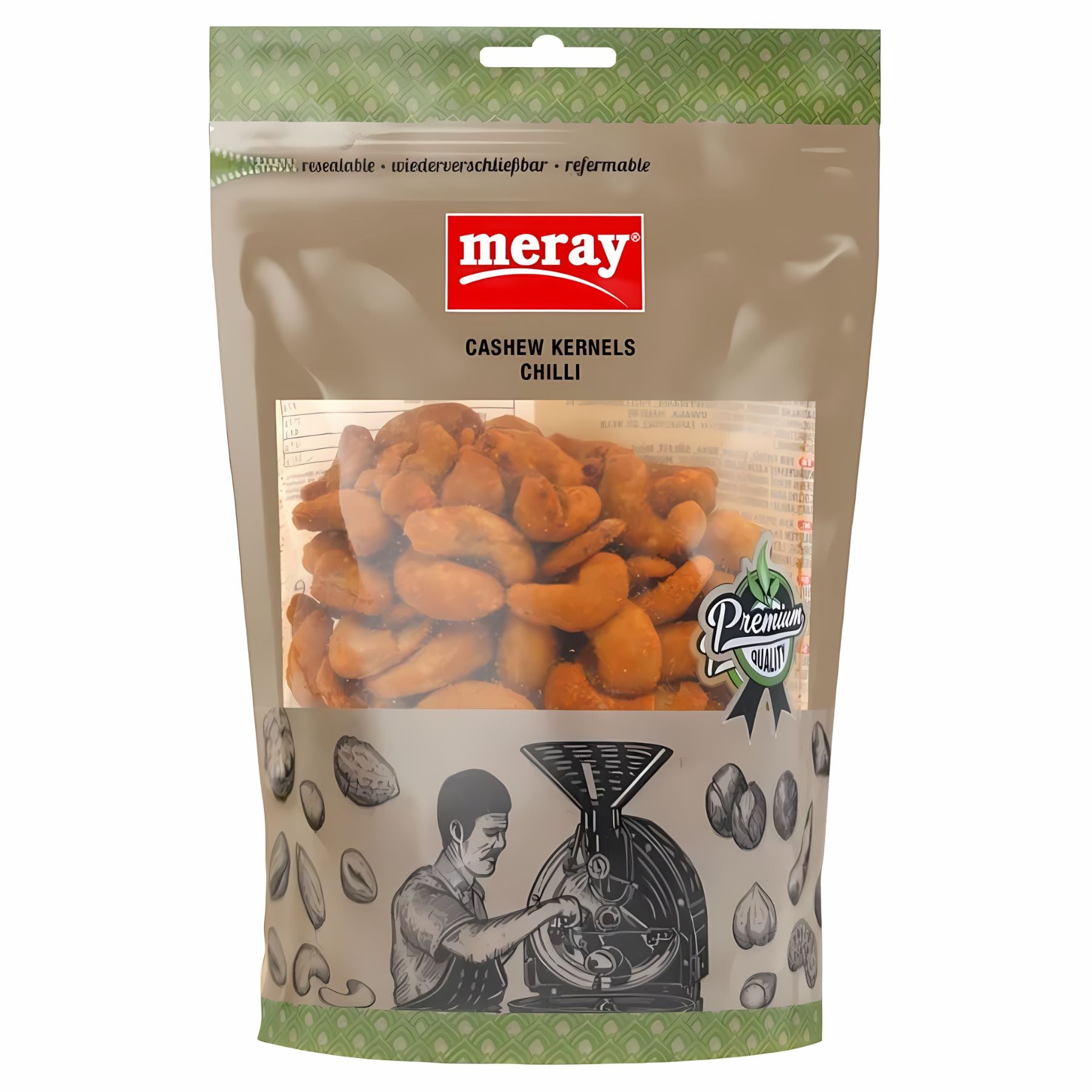 A 150g resealable pack of Meray Spicy chilli Cashews with a transparent window displaying the nuts and an illustration of a person operating a roasting machine on the front. A 150g resealable pack of Meray Spicy chilli Cashews with a transparent window displaying the nuts and an illustration of a person operating a roasting machine on the front.