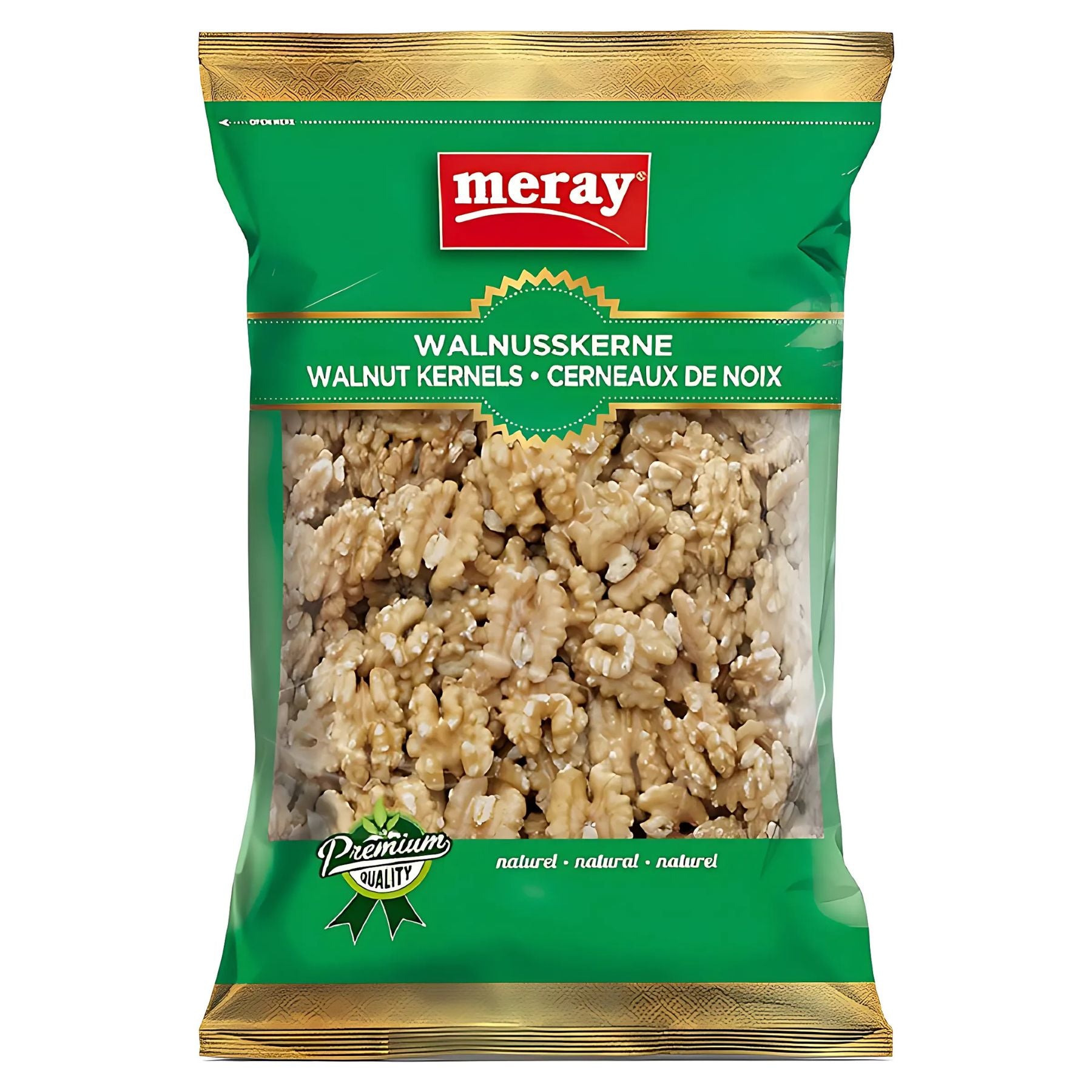 A green and clear "meray" package contains 100g Premium Quality Walnut Kernels, labeled "natural" in three languages. They're healthy snacks rich in antioxidants. A green and clear "meray" package contains 100g Premium Quality Walnut Kernels, labeled "natural" in three languages. They're healthy snacks rich in antioxidants.
