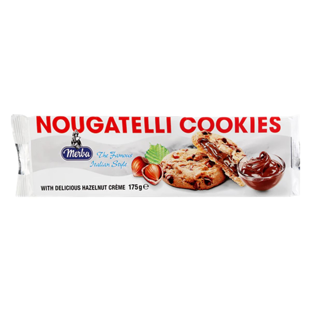 Packaging of Merba Nougatelli Cookies with hazelnut creme, 175g. Packaging of Merba Nougatelli Cookies with hazelnut creme, 175g.