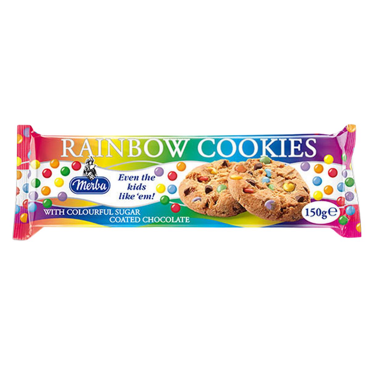 Merba - Rainbow Cookies - 150g with chocolate chips on a white background. Merba - Rainbow Cookies - 150g with chocolate chips on a white background.