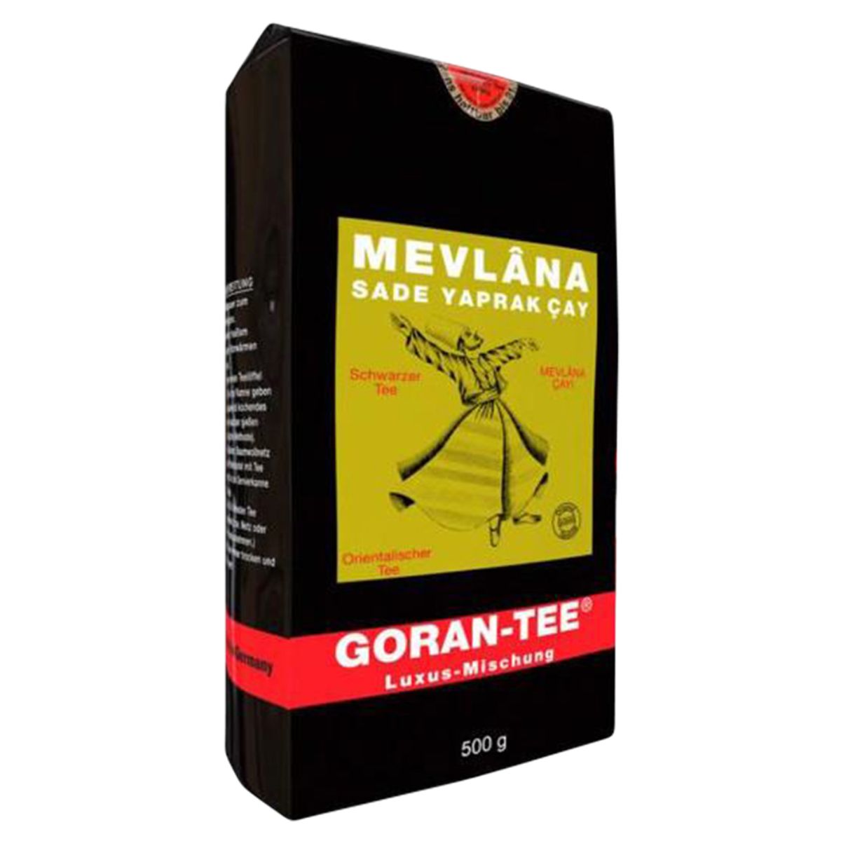A 500g black and red package of Mevlana - Goran Tea Ceylon Pure Leaf Tea, featuring a yellow label with a whirling dervish illustration. A 500g black and red package of Mevlana - Goran Tea Ceylon Pure Leaf Tea, featuring a yellow label with a whirling dervish illustration.