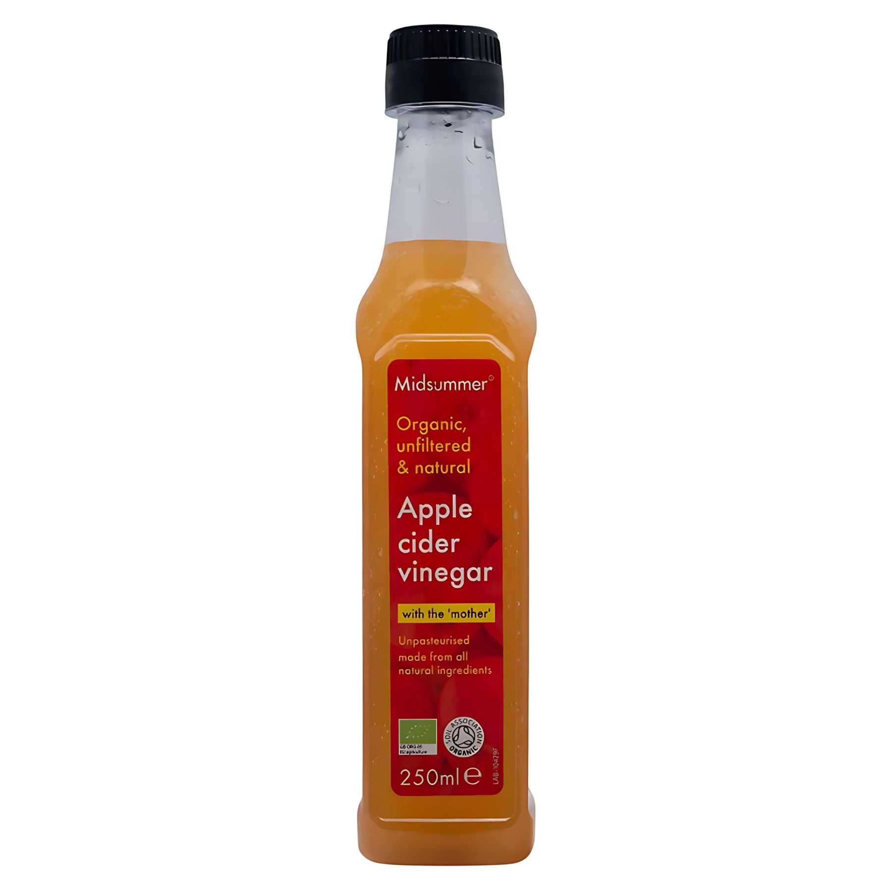 A 250ml bottle of Midsummer Organic Apple Cider Vinegar, unfiltered and natural, featuring a black cap and vibrant red label. A 250ml bottle of Midsummer Organic Apple Cider Vinegar, unfiltered and natural, featuring a black cap and vibrant red label.