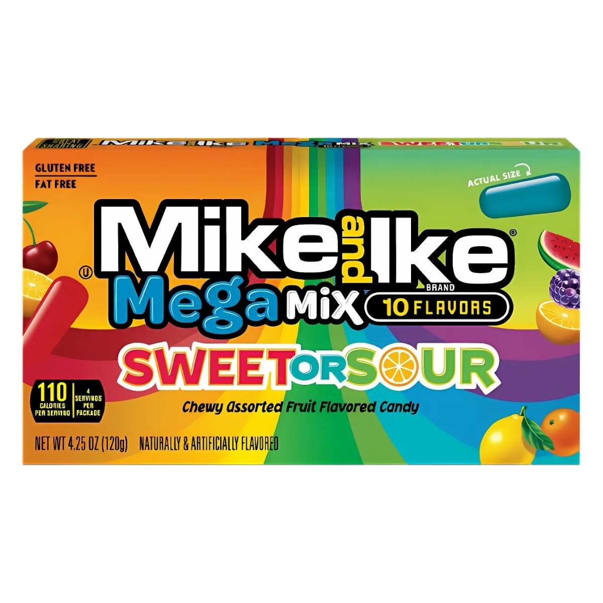 Treat yourself to a box of Mike and Ike - Mega Mix Sweet or Sour, offering a delightful range of sweet and sour flavors. Enjoy 10 gluten-free, fat-free options with only 110 calories per serving. Net weight: 120g (4.25 oz). Treat yourself to a box of Mike and Ike - Mega Mix Sweet or Sour, offering a delightful range of sweet and sour flavors. Enjoy 10 gluten-free, fat-free options with only 110 calories per serving. Net weight: 120g (4.25 oz).