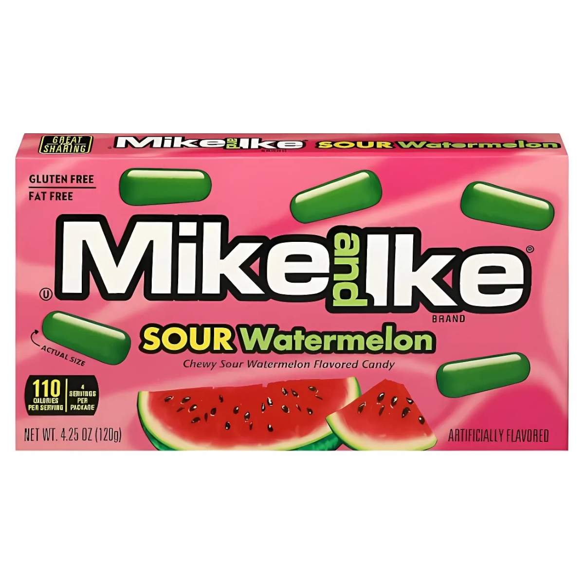 Box of Mike and Ike Mega Mix Sour Watermelon, 120g, featuring green candies and watermelon slice images, ideal for satisfying your sweet tooth with fruity goodness. Box of Mike and Ike Mega Mix Sour Watermelon, 120g, featuring green candies and watermelon slice images, ideal for satisfying your sweet tooth with fruity goodness.