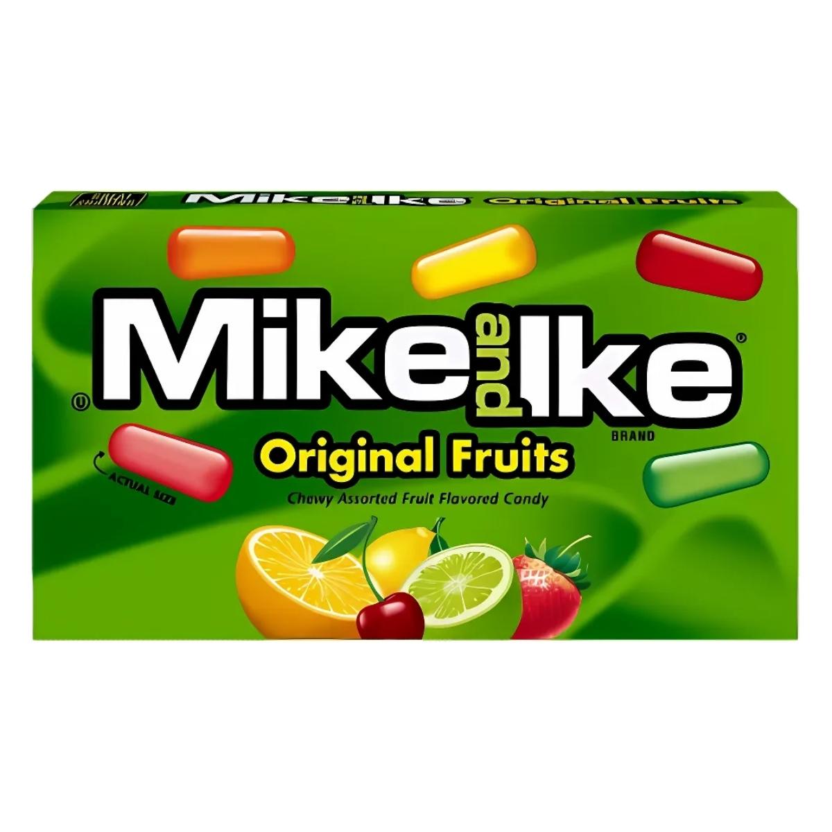 A 120g box of Mike and Ike Original Fruits candy is adorned with images of various fruit flavors set against a green background. A 120g box of Mike and Ike Original Fruits candy is adorned with images of various fruit flavors set against a green background.