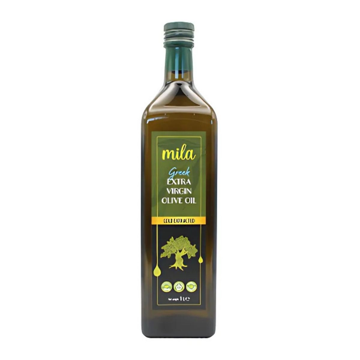 A 1L bottle of Mila Greek Extra Virgin Olive Oil, cold-pressed and rich in natural antioxidants, with a green and yellow label. A 1L bottle of Mila Greek Extra Virgin Olive Oil, cold-pressed and rich in natural antioxidants, with a green and yellow label.