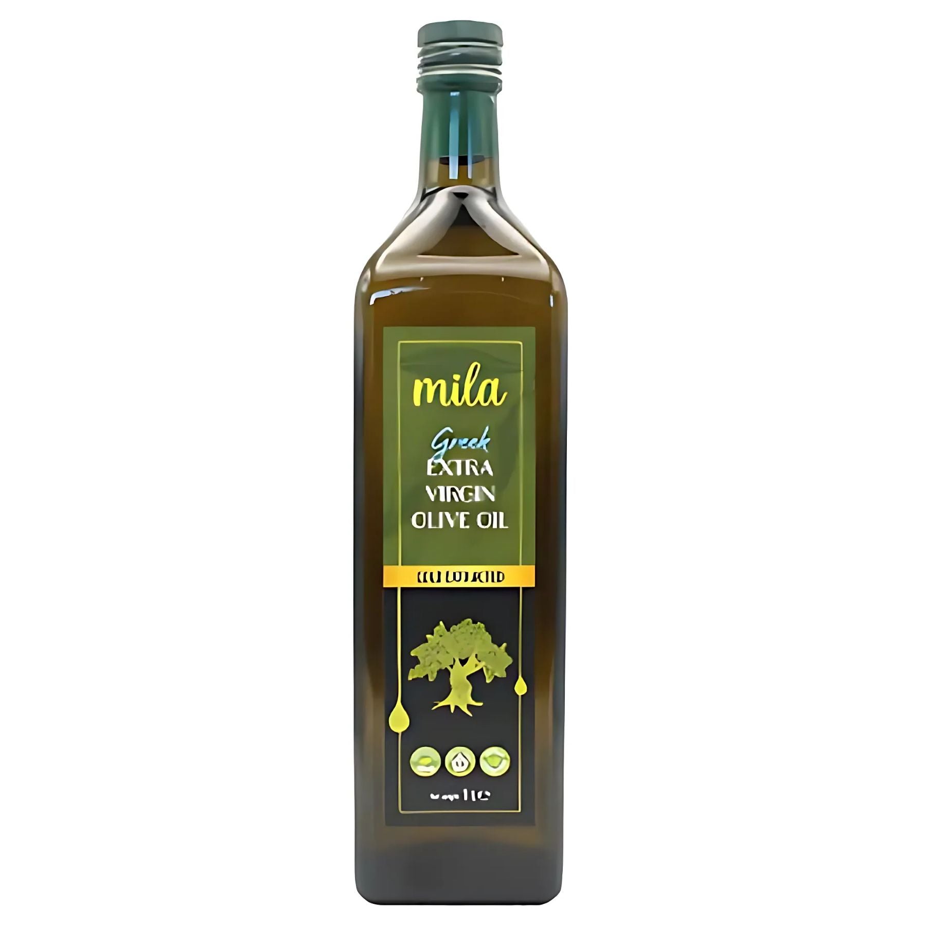 A 1L bottle of Mila Greek Extra Virgin Olive Oil with a dark green label and cap, featuring product details and olive branch graphics on the front. A 1L bottle of Mila Greek Extra Virgin Olive Oil with a dark green label and cap, featuring product details and olive branch graphics on the front.