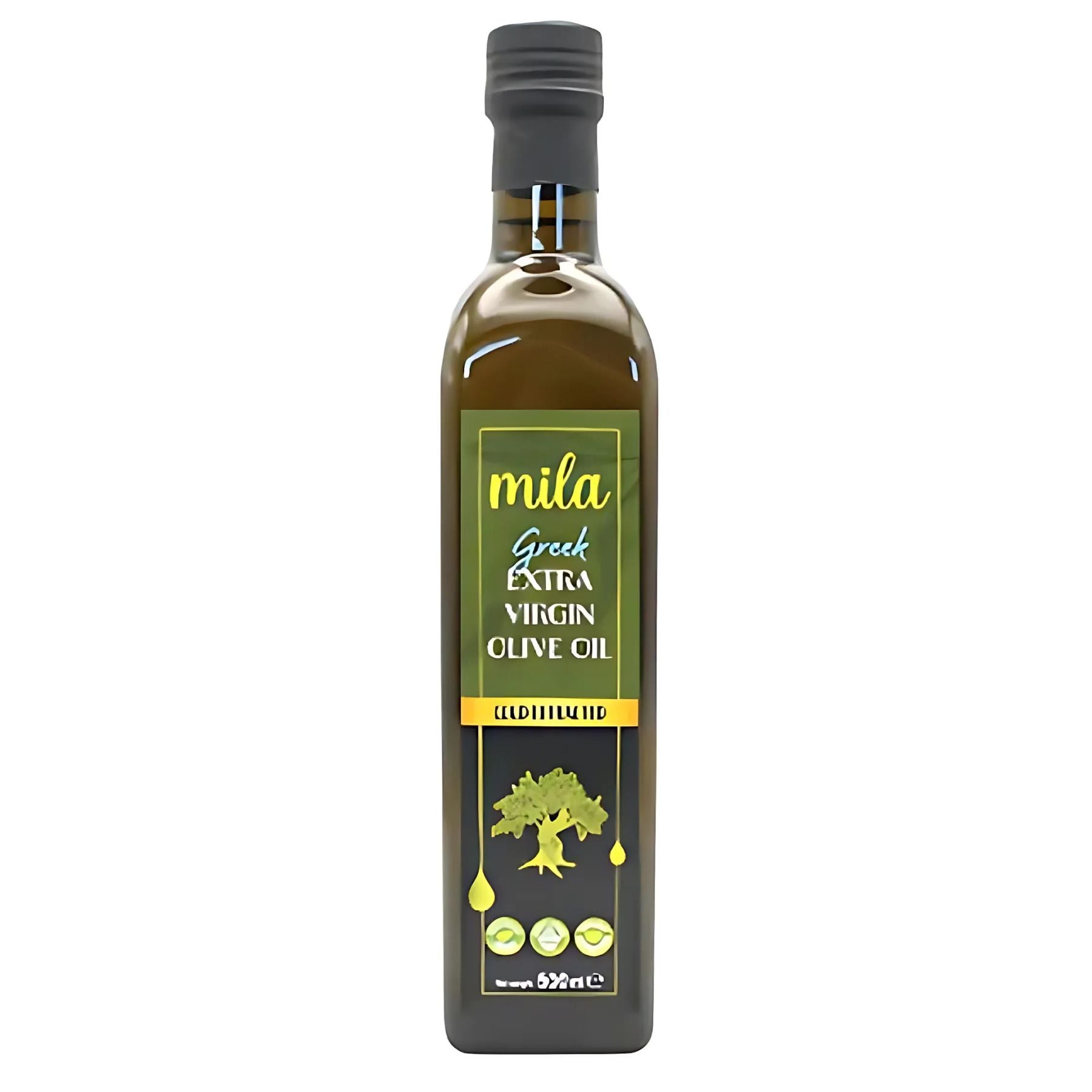 A 500ml bottle of Mila Greek Extra Virgin Olive Oil from the Peloponnese, cold-extracted, featuring a green and yellow label with a black cap. A 500ml bottle of Mila Greek Extra Virgin Olive Oil from the Peloponnese, cold-extracted, featuring a green and yellow label with a black cap.