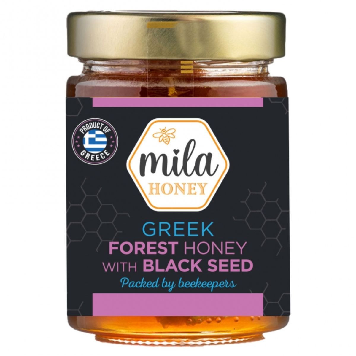 A jar of Mila - Greek Forest Honey with Black Seed - 450g, packed by beekeepers.