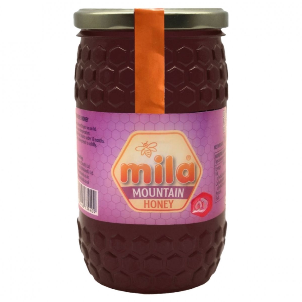 A Mila - Honey Mountain Glass Jar - 1kg with a honeycomb pattern and orange label.