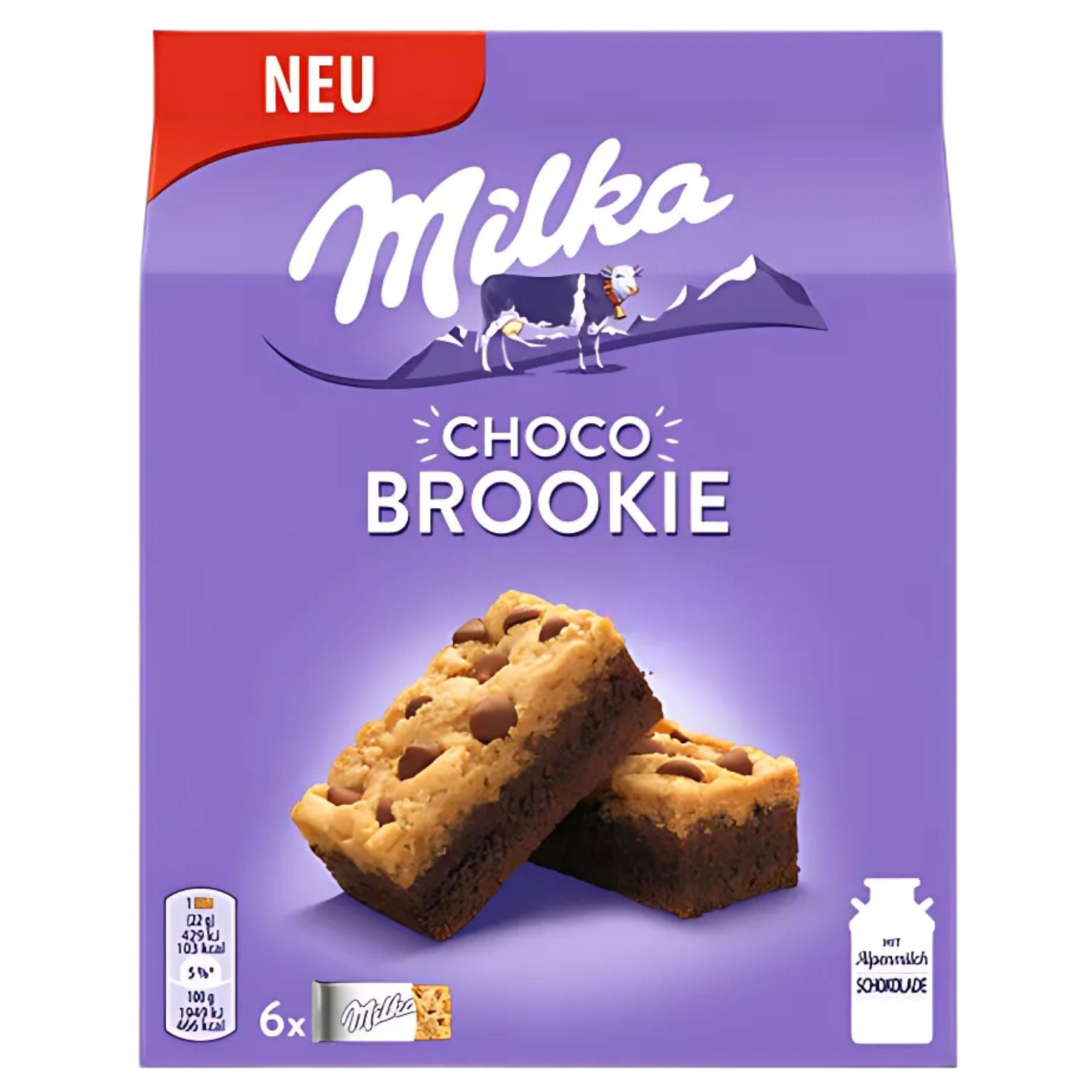 A purple Milka - 6 Choco Brookie - 132g pack shows two stacked brownie-cookie bars on the front, combining chocolate chunk cookie and creamy milk chocolate, with nutritional info and a milk icon at the bottom corners. A purple Milka - 6 Choco Brookie - 132g pack shows two stacked brownie-cookie bars on the front, combining chocolate chunk cookie and creamy milk chocolate, with nutritional info and a milk icon at the bottom corners.