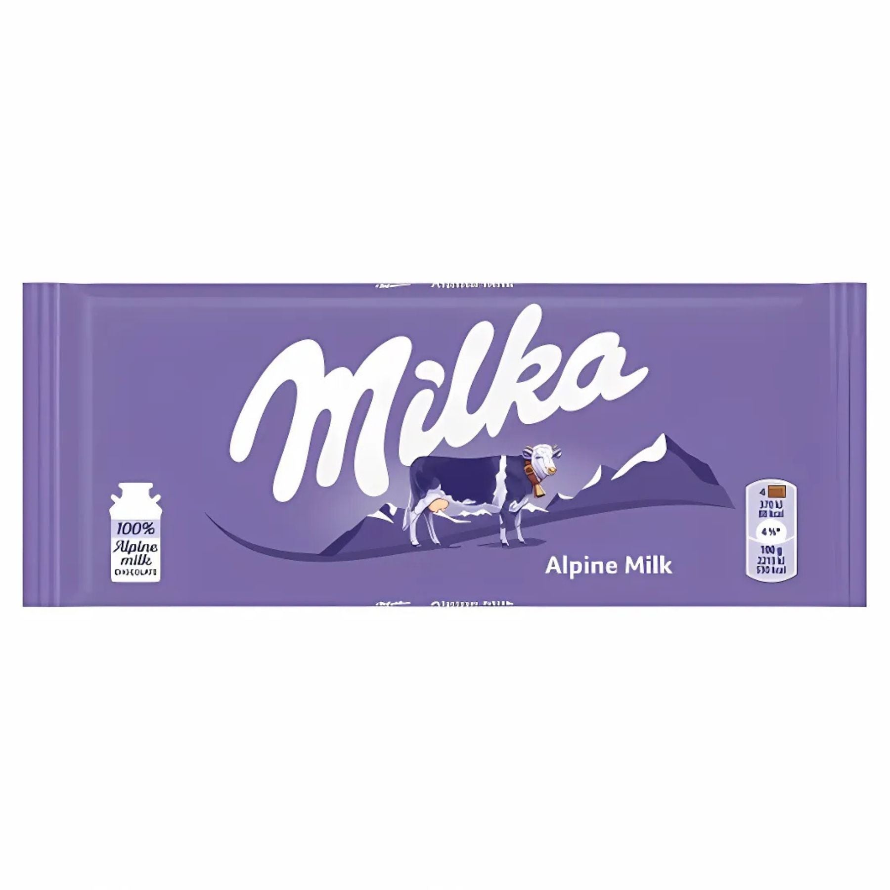 A 90g Milka Alpine Milk Chocolate Bar in signature purple packaging with a cow, mountain image, and product details. A 90g Milka Alpine Milk Chocolate Bar in signature purple packaging with a cow, mountain image, and product details.