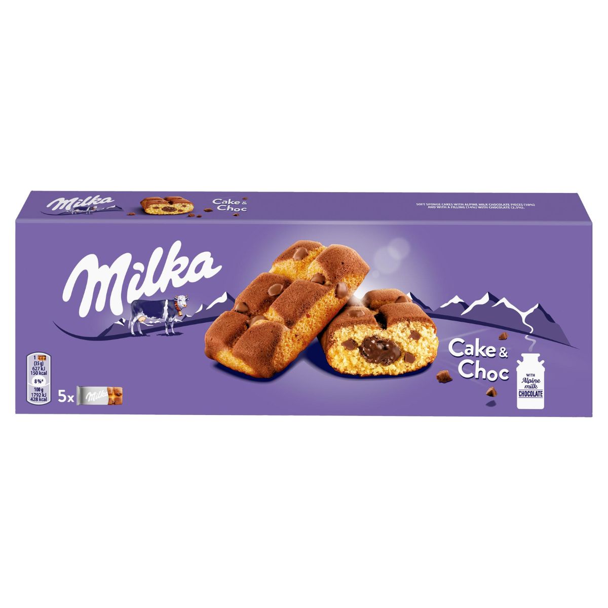 A purple box of Milka - Cake & Choc - 5 Pack (175g) features images of chocolate chip cakes. The packaging, with the iconic Milka branding and mountain graphics, contains five sweet dessert snacks inside. A purple box of Milka - Cake & Choc - 5 Pack (175g) features images of chocolate chip cakes. The packaging, with the iconic Milka branding and mountain graphics, contains five sweet dessert snacks inside.
