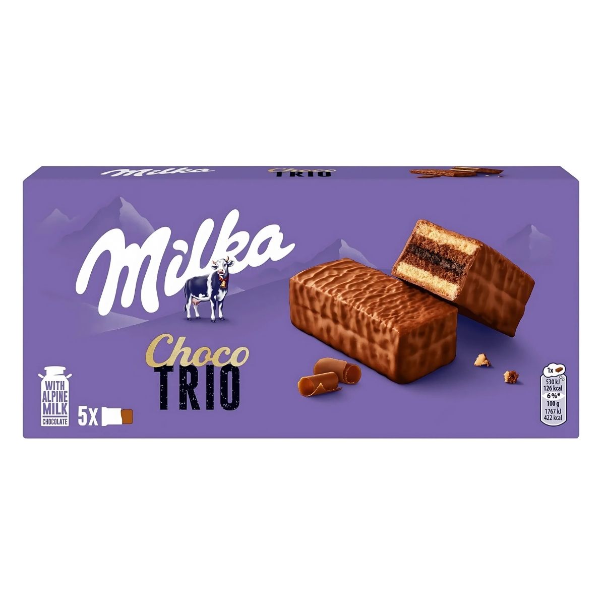 A 150g box of Milka Choco Trio Alpine Milk Chocolate Cakes, 5 individually wrapped, with a picture of the cakes’ layered interior on a purple background. A 150g box of Milka Choco Trio Alpine Milk Chocolate Cakes, 5 individually wrapped, with a picture of the cakes’ layered interior on a purple background.
