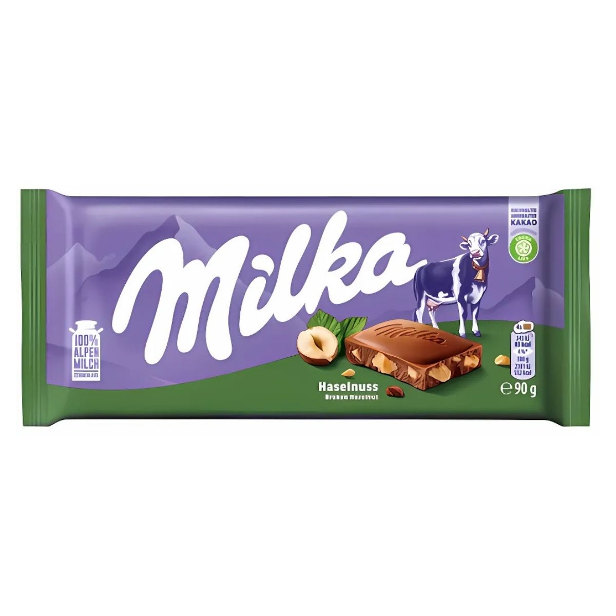 Milka - Chocolate With Hazelnut Pieces - 90g features a purple wrapper with a cow, mountains, hazelnuts, and Alpine milk chocolate pieces on the packaging. Milka - Chocolate With Hazelnut Pieces - 90g features a purple wrapper with a cow, mountains, hazelnuts, and Alpine milk chocolate pieces on the packaging.