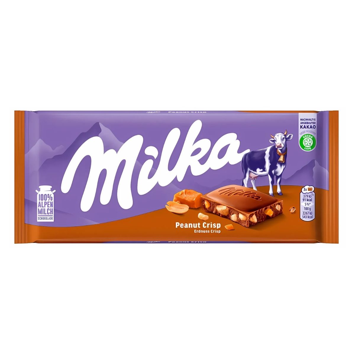 Milka - Chocolate With Peanut & Crispy Caramel - 90g comes in a purple and orange wrapper with a cow graphic, showing Milka chocolate pieces filled with crunchy peanuts and caramel. Milka - Chocolate With Peanut & Crispy Caramel - 90g comes in a purple and orange wrapper with a cow graphic, showing Milka chocolate pieces filled with crunchy peanuts and caramel.