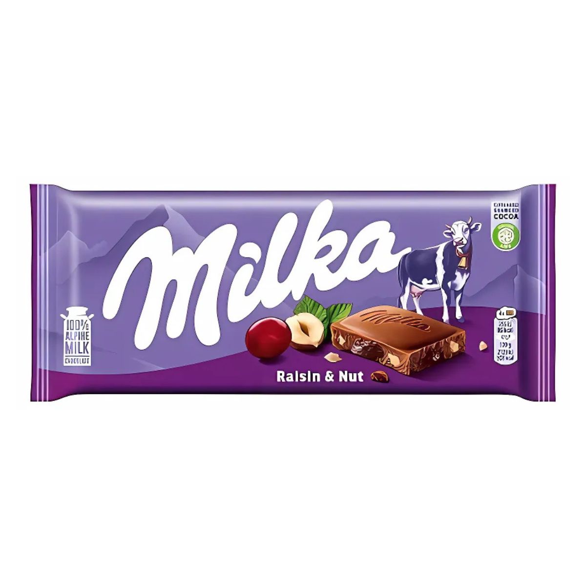 Milka - Chocolate With Raisins & Nuts (100g) in iconic purple packaging features a cow and ingredient illustrations, offering a premium blend of rich Milka chocolate with delightful raisins and nuts. Milka - Chocolate With Raisins & Nuts (100g) in iconic purple packaging features a cow and ingredient illustrations, offering a premium blend of rich Milka chocolate with delightful raisins and nuts.