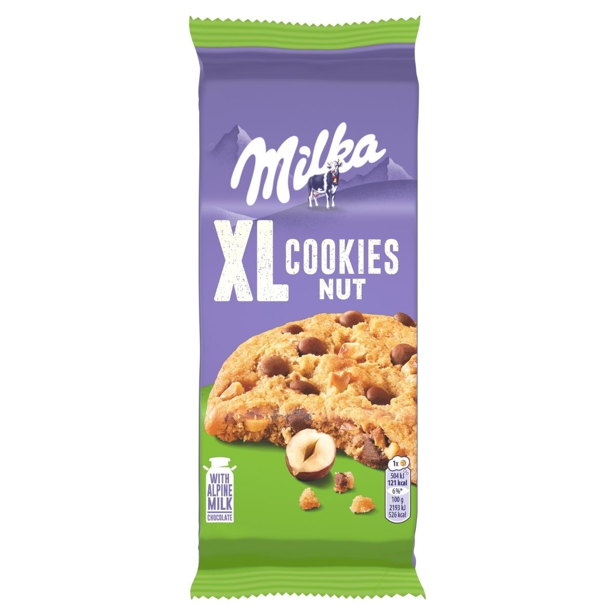 The 184g package of Milka XL Cookies with Chocolate Chips & Nuts features a large cookie studded with chocolate chips and hazelnuts, set against a vibrant purple and green background. The 184g package of Milka XL Cookies with Chocolate Chips & Nuts features a large cookie studded with chocolate chips and hazelnuts, set against a vibrant purple and green background.