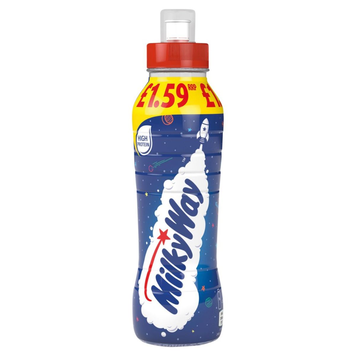 A bottle of Milky Way - Chocolate Milkshake Drink - 350ml on a white background. A bottle of Milky Way - Chocolate Milkshake Drink - 350ml on a white background.