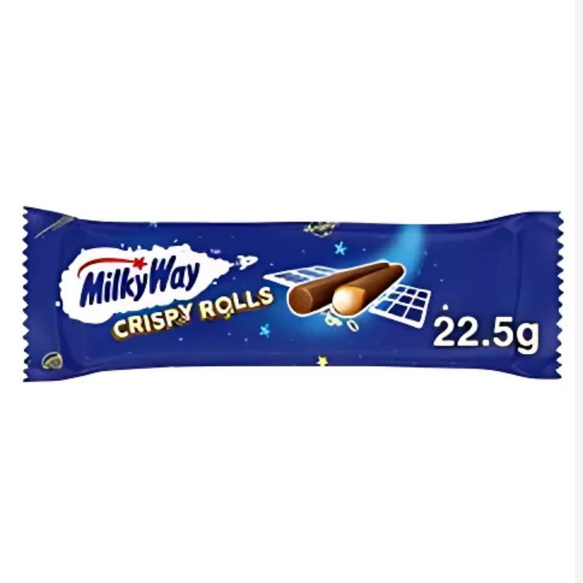 The Milky Way - Crispy Rolls - 22.5g packaging shows two wafer rolls filled with creamy milk chocolate against a blue, space-themed backdrop. The Milky Way - Crispy Rolls - 22.5g packaging shows two wafer rolls filled with creamy milk chocolate against a blue, space-themed backdrop.