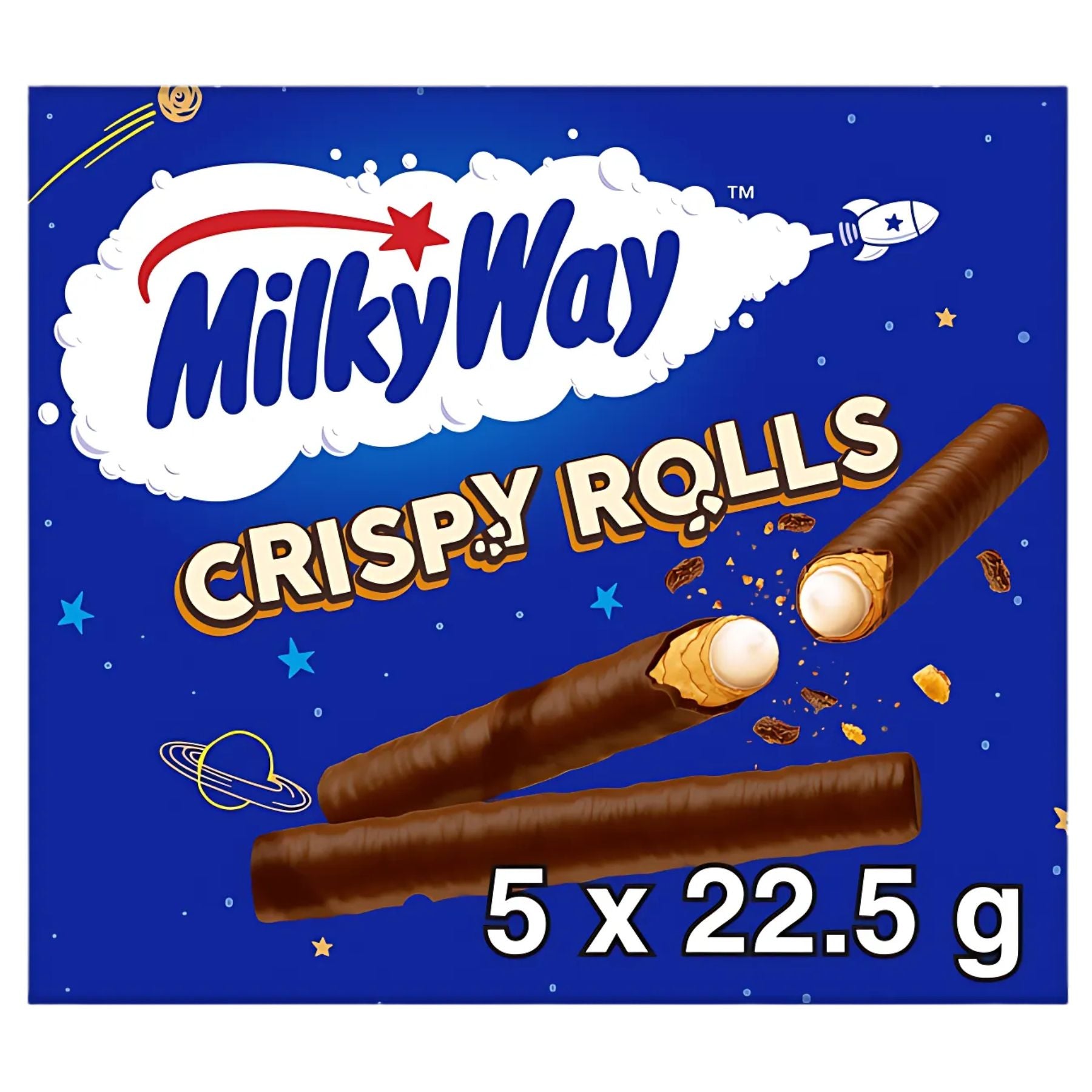 Milky Way - Crispy Rolls Multipack (5 x 22.5g) box features two chocolate-covered wafer rolls with creamy filling against a space-themed background. Milky Way - Crispy Rolls Multipack (5 x 22.5g) box features two chocolate-covered wafer rolls with creamy filling against a space-themed background.
