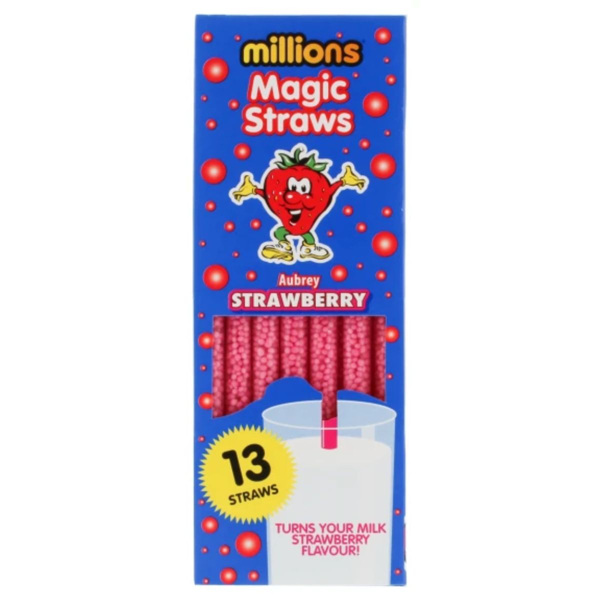 Packaging for "Millions - Magic Straws Strawberry - 78g" with 13 straws that turn milk into strawberry milk.
