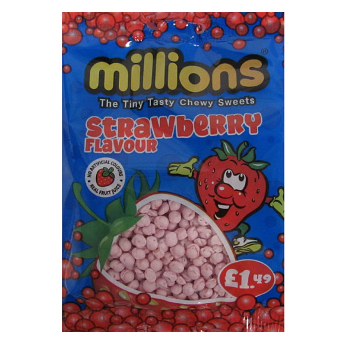 A package of Millions - Strawberry - 110g chewy candies with the price of £1.49 displayed.