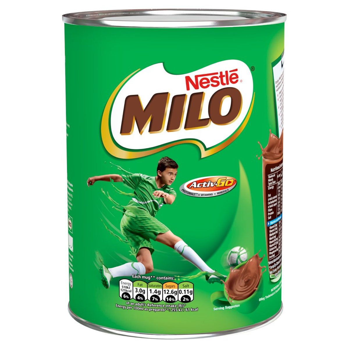 A tin of Nestle - Milo Instant Malt Chocolate Drinking Powder on a white background. A tin of Nestle - Milo Instant Malt Chocolate Drinking Powder on a white background.
