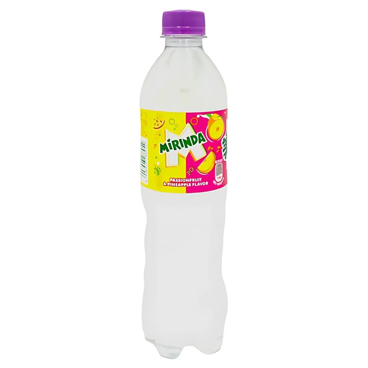 A 500ml plastic bottle of Mirinda Passionfruit & Pineapple soda, complete with a purple cap and vibrant label, invites you on a tropical adventure. A 500ml plastic bottle of Mirinda Passionfruit & Pineapple soda, complete with a purple cap and vibrant label, invites you on a tropical adventure.