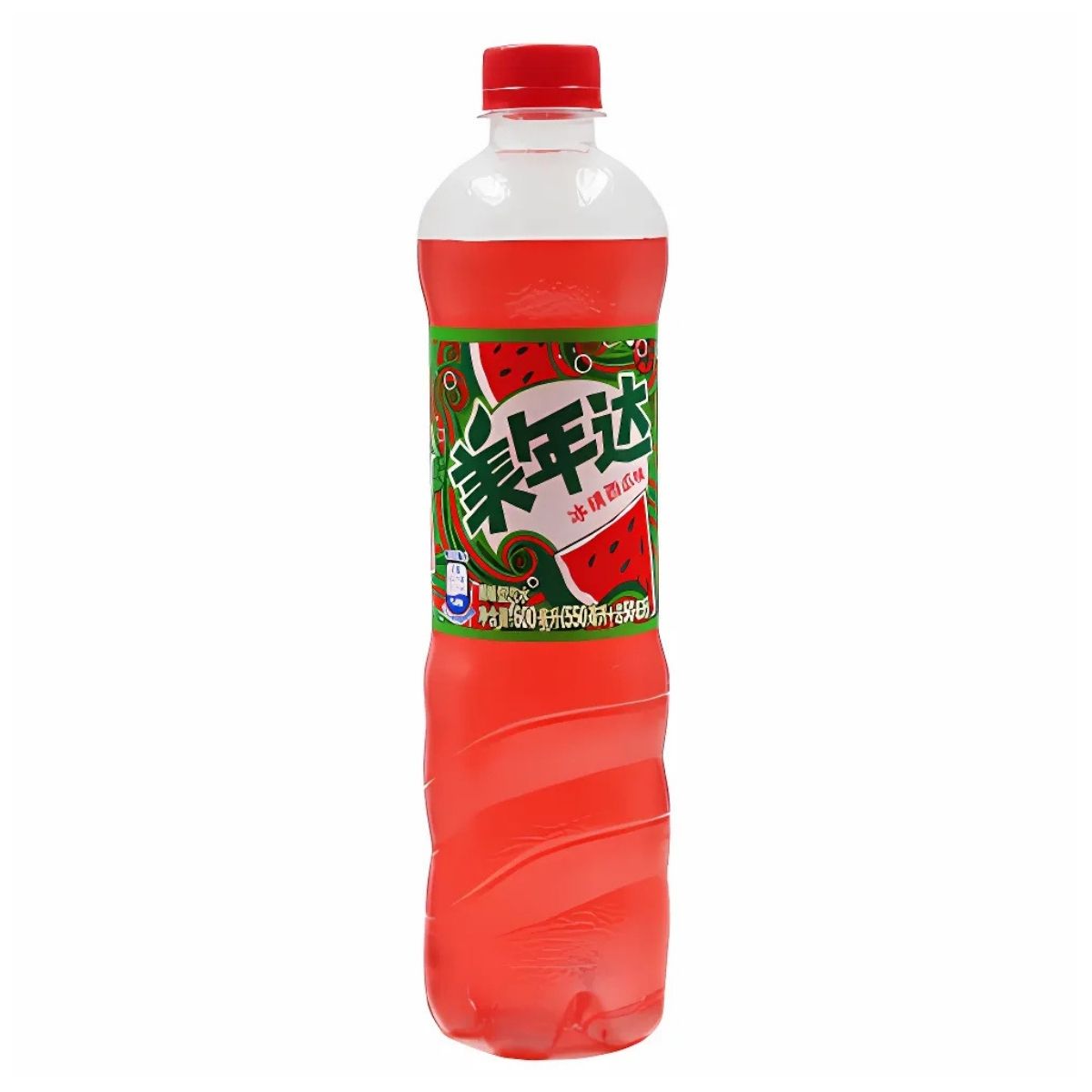 A red plastic bottle adorned with a green label displaying watermelons and Chinese text offers the refreshing taste of Mirinda - Watermelon Flavour Bottle - 500ml. A red plastic bottle adorned with a green label displaying watermelons and Chinese text offers the refreshing taste of Mirinda - Watermelon Flavour Bottle - 500ml.