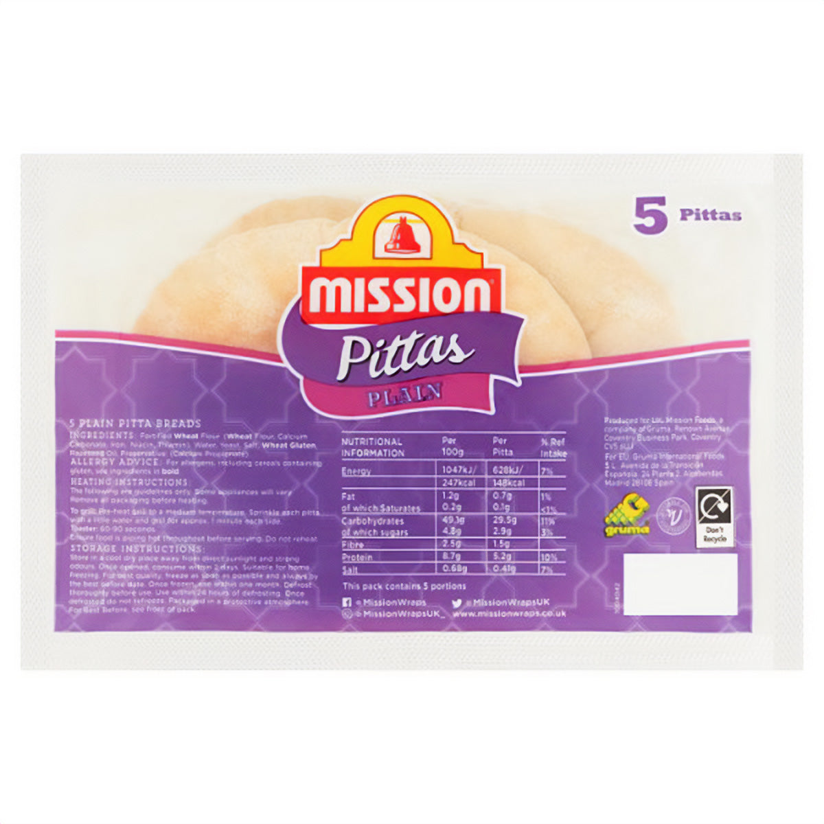 Mission - Plain Pitta Bread - 5 Pack in a plastic bag.