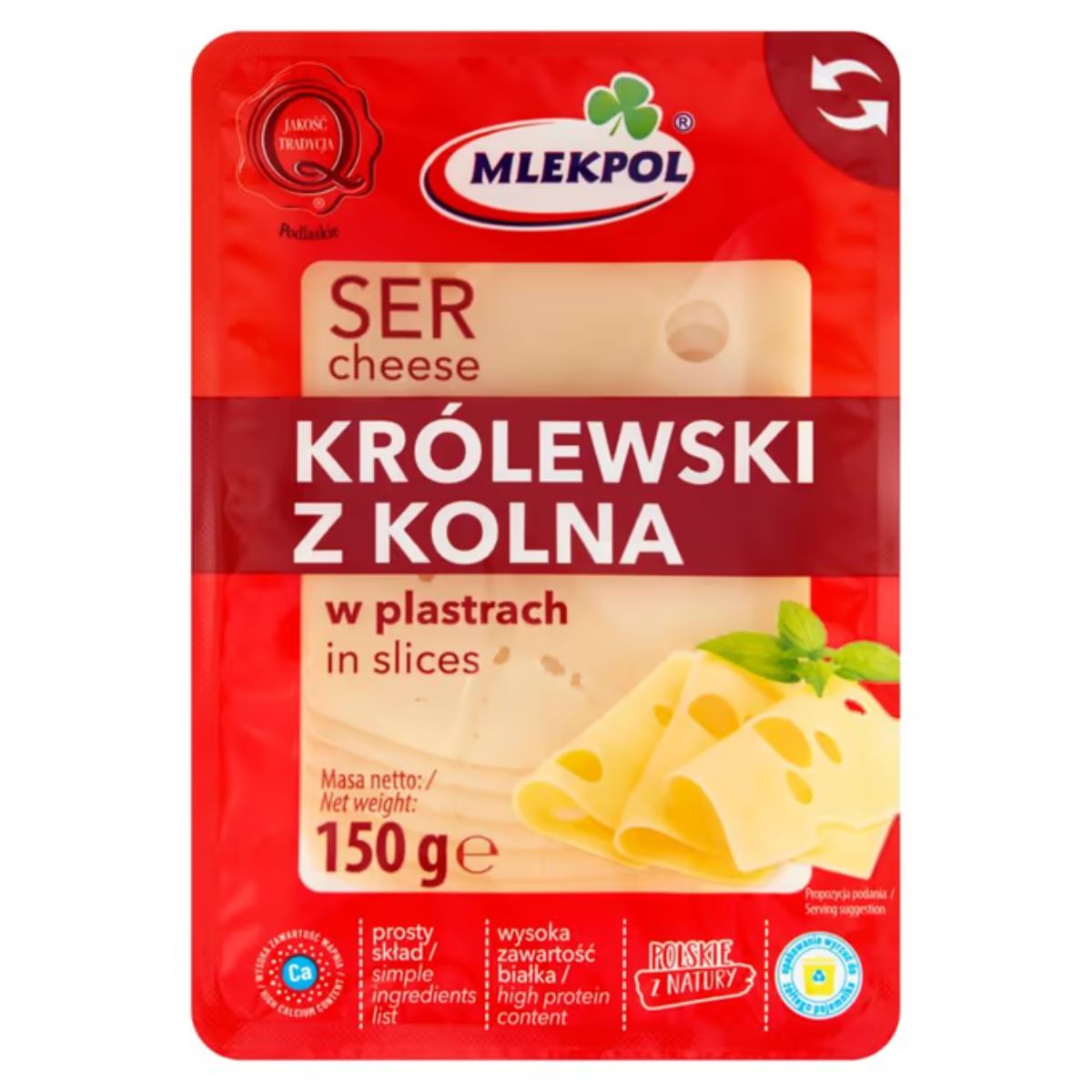 A package of Mlekpol - Krolewski Cheese - 150g with a label on it. A package of Mlekpol - Krolewski Cheese - 150g with a label on it.
