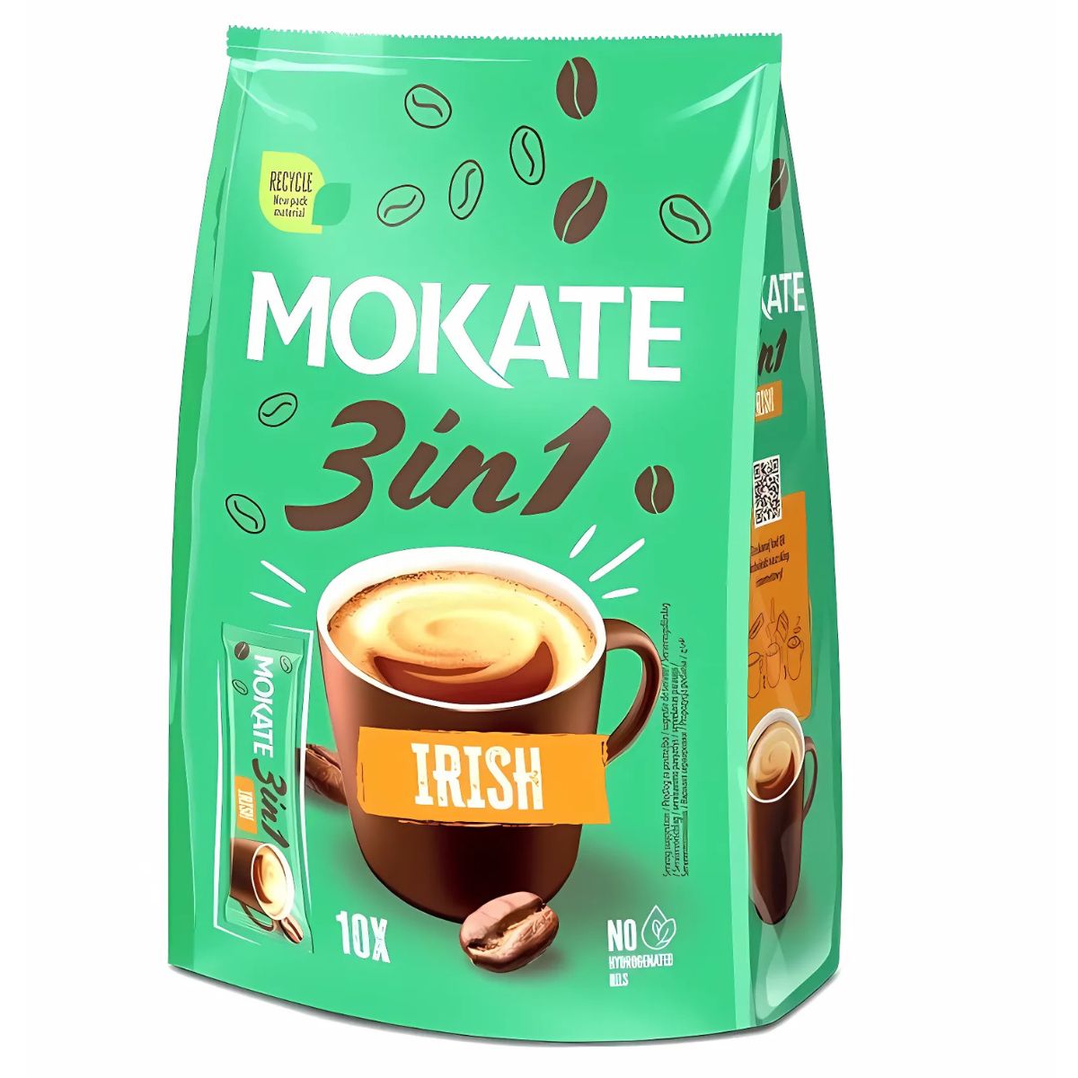 A green pack of Mokate - 3 in 1 Irish Cream Instant Coffee (10 sachets) features a coffee cup and beans. A green pack of Mokate - 3 in 1 Irish Cream Instant Coffee (10 sachets) features a coffee cup and beans.