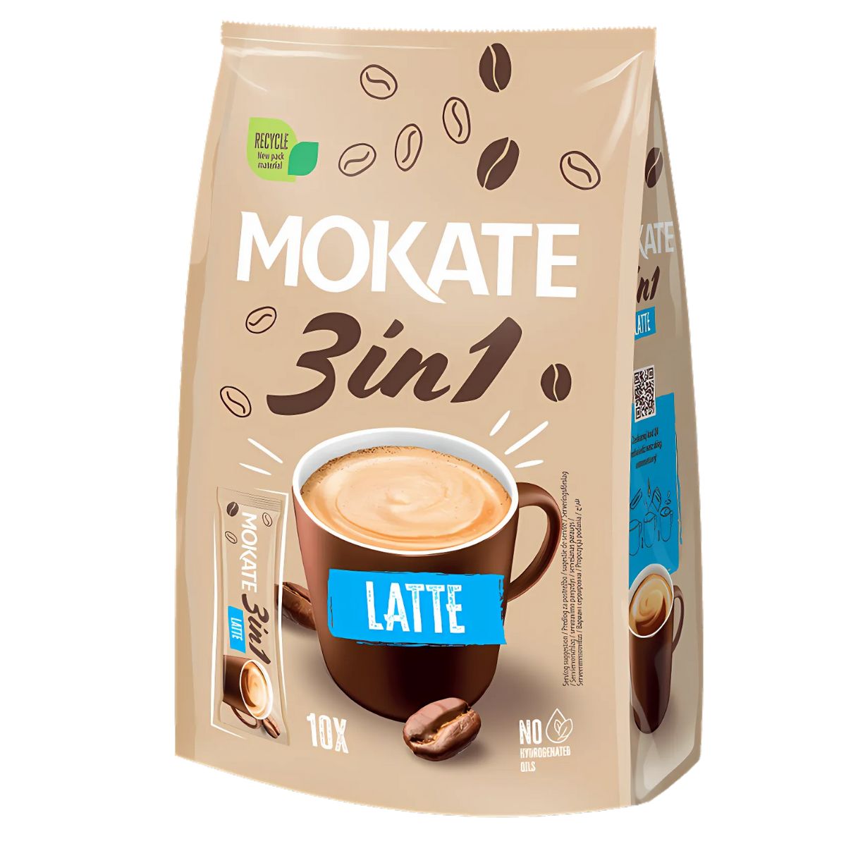 The Mokate - 3 in 1 Latte - 10 Pack showcases a cup of coffee surrounded by beans on the front, promoting its recyclability and absence of hydrogenated oils. The Mokate - 3 in 1 Latte - 10 Pack showcases a cup of coffee surrounded by beans on the front, promoting its recyclability and absence of hydrogenated oils.
