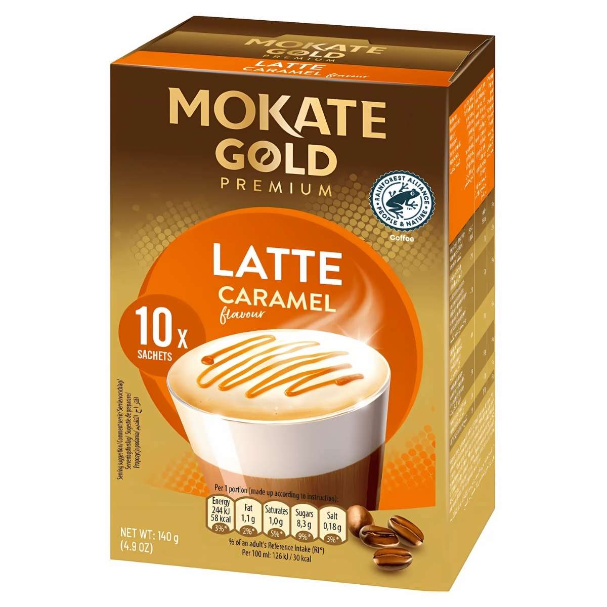 The Mokate - Gold Premium Caramel Latte - 10 Sachets box displays a steaming coffee cup graphic and product details on the front, offering the luxury of instant coffee with rich caramel notes in each sip. The Mokate - Gold Premium Caramel Latte - 10 Sachets box displays a steaming coffee cup graphic and product details on the front, offering the luxury of instant coffee with rich caramel notes in each sip.