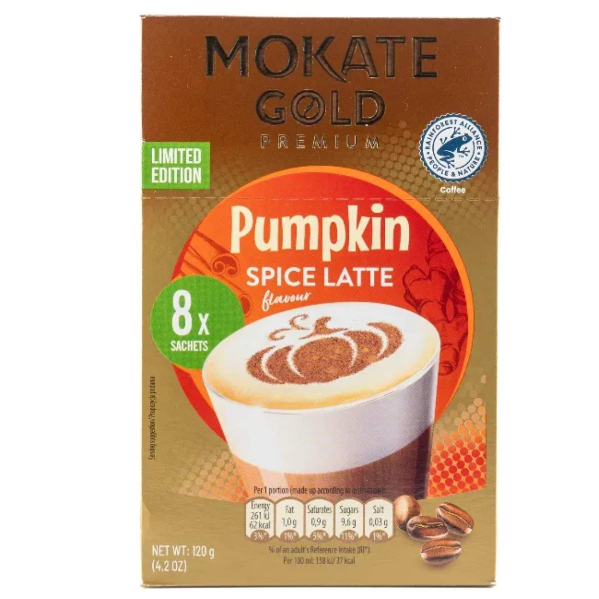 Enjoy the Mokate Gold Premium Pumpkin Spice Latte—8 sachets of limited edition autumn flavor, featuring delicious latte taste and milk foam art on the box. Enjoy the Mokate Gold Premium Pumpkin Spice Latte—8 sachets of limited edition autumn flavor, featuring delicious latte taste and milk foam art on the box.