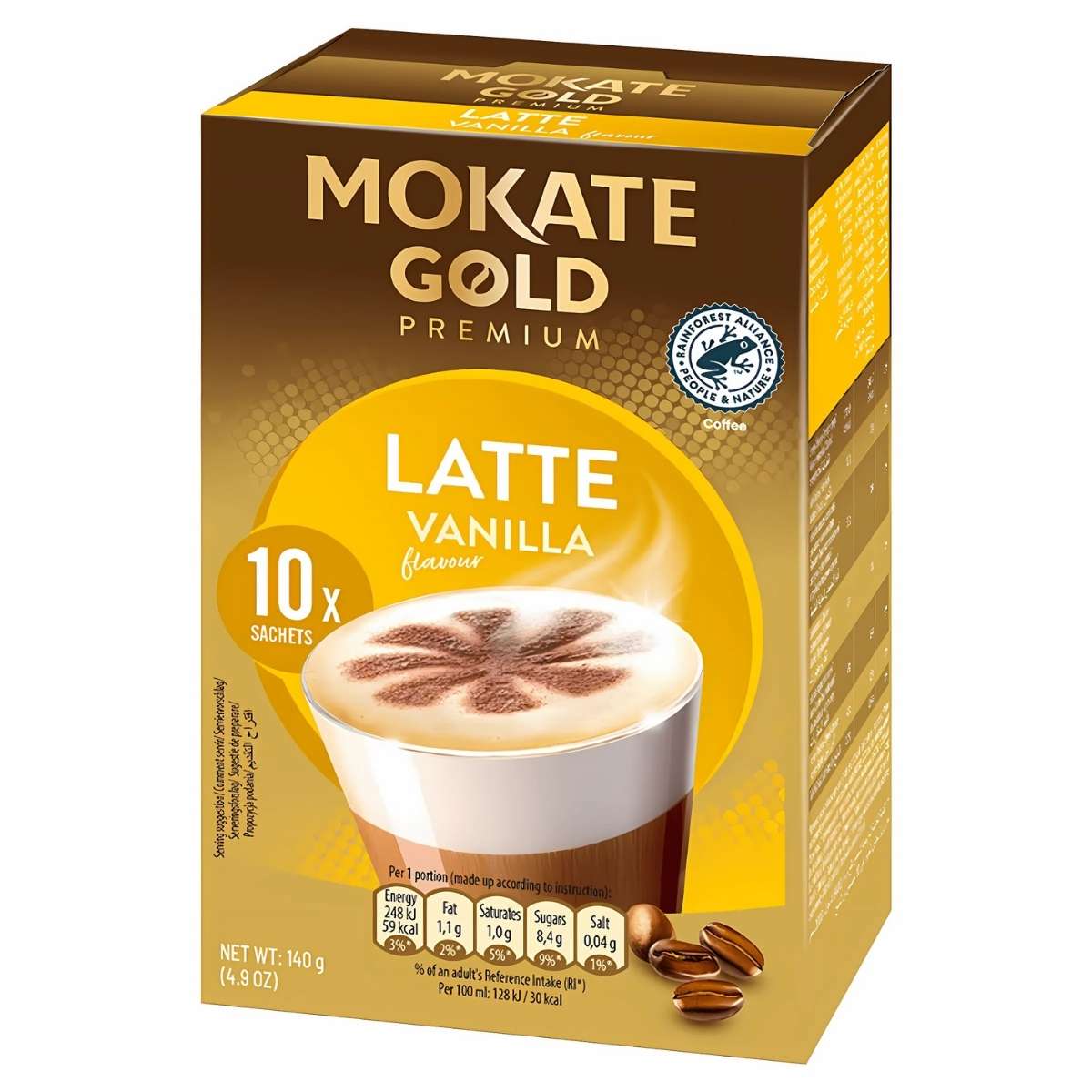 Mokate - Gold Premium Vanilla Latte comes in a box with 10 sachets, showcasing a vanilla latte image in a glass cup and coffee bean graphics on the packaging. Mokate - Gold Premium Vanilla Latte comes in a box with 10 sachets, showcasing a vanilla latte image in a glass cup and coffee bean graphics on the packaging.