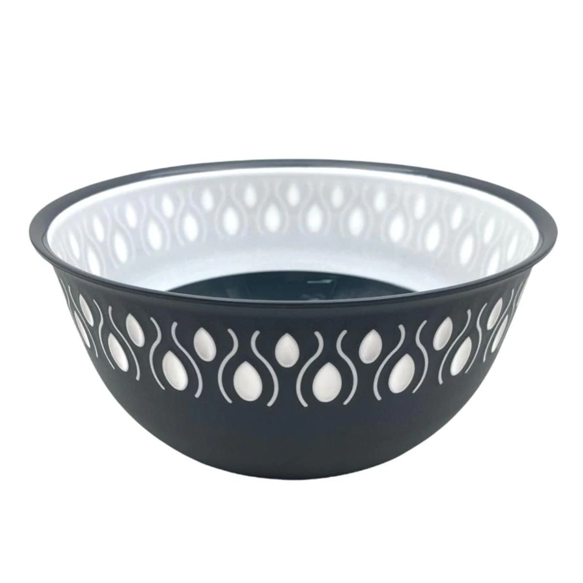 The Monno Plastic Bowl (3L) features a round black exterior, a white interior, and teardrop-shaped white patterns on both the outer and inner rims. The Monno Plastic Bowl (3L) features a round black exterior, a white interior, and teardrop-shaped white patterns on both the outer and inner rims.