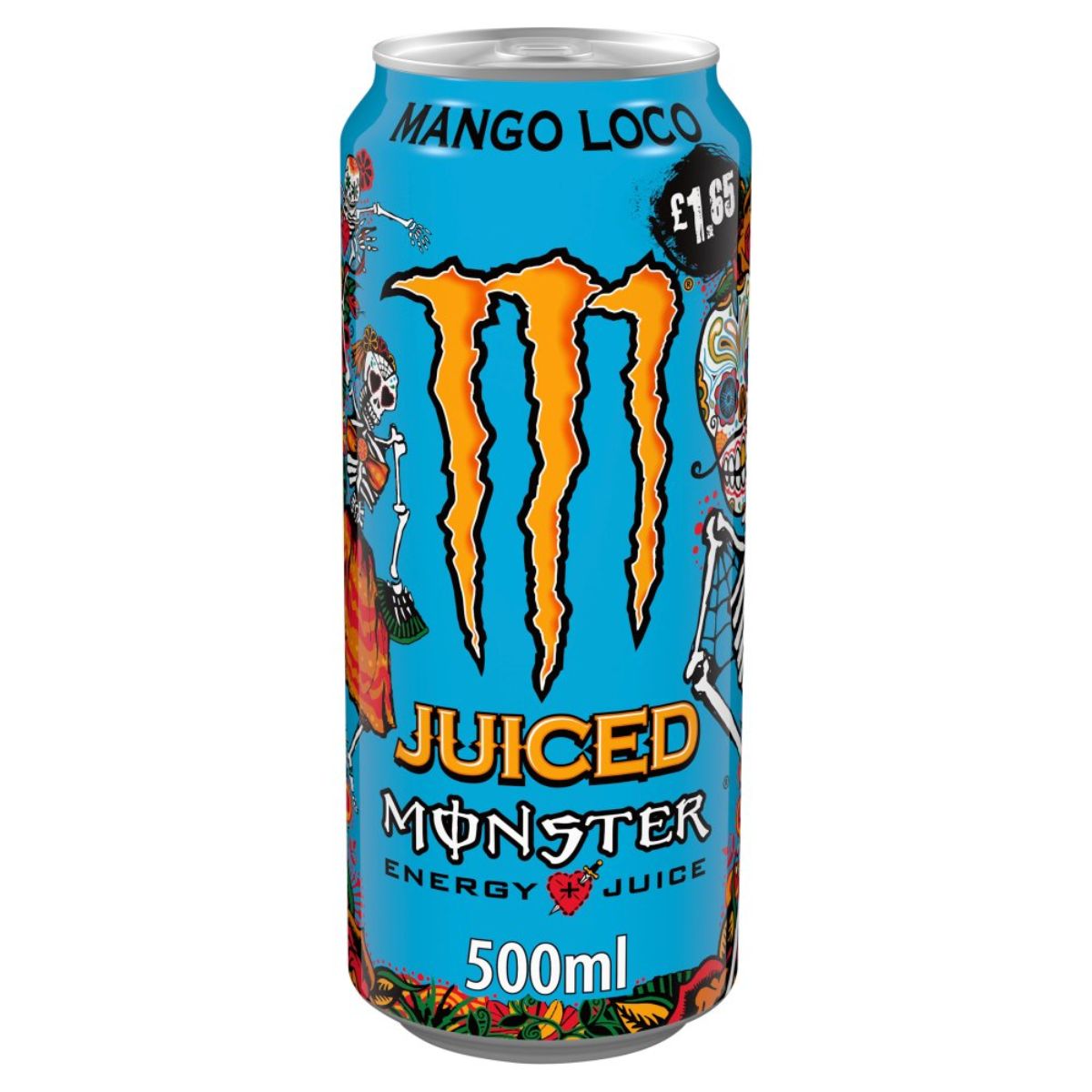 A can of Monster - Mango Loco Energy Drink - 500ml with a skull on it.