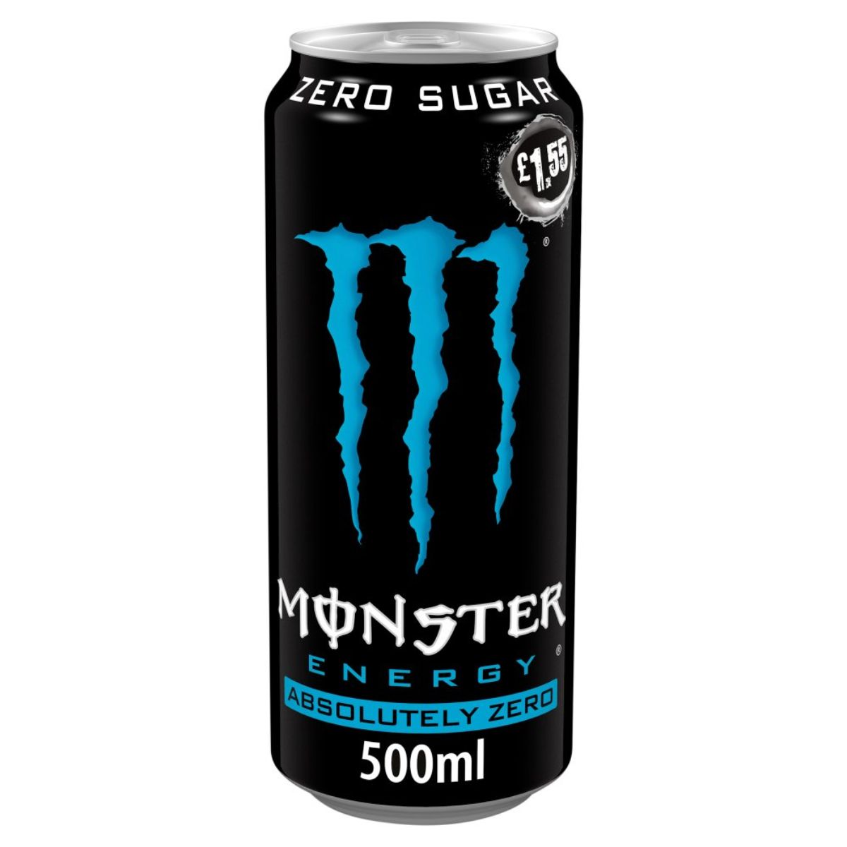 A 500ml can of Monster - Absolutely Zero Sugar Energy Drink with a blue logo and "Zero Sugar" label, price-marked £1.55 on a black background for a guilt-free energy boost. A 500ml can of Monster - Absolutely Zero Sugar Energy Drink with a blue logo and "Zero Sugar" label, price-marked £1.55 on a black background for a guilt-free energy boost.