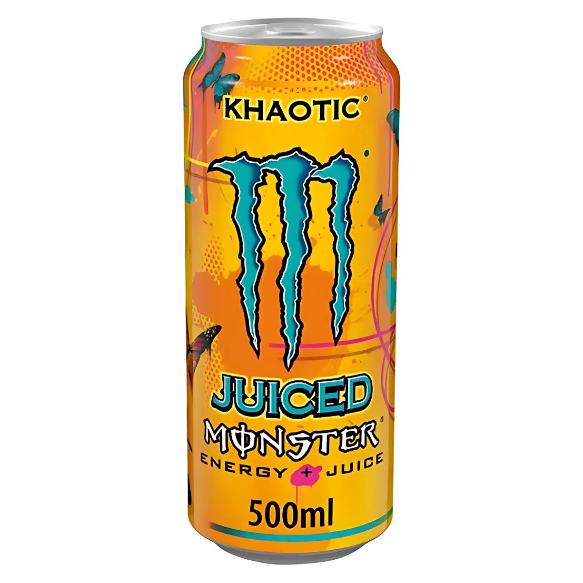 A 500ml can of Monster - Energy Drink Khaotic features a bright orange design with blue and yellow accents and the iconic Monster logo. A 500ml can of Monster - Energy Drink Khaotic features a bright orange design with blue and yellow accents and the iconic Monster logo.