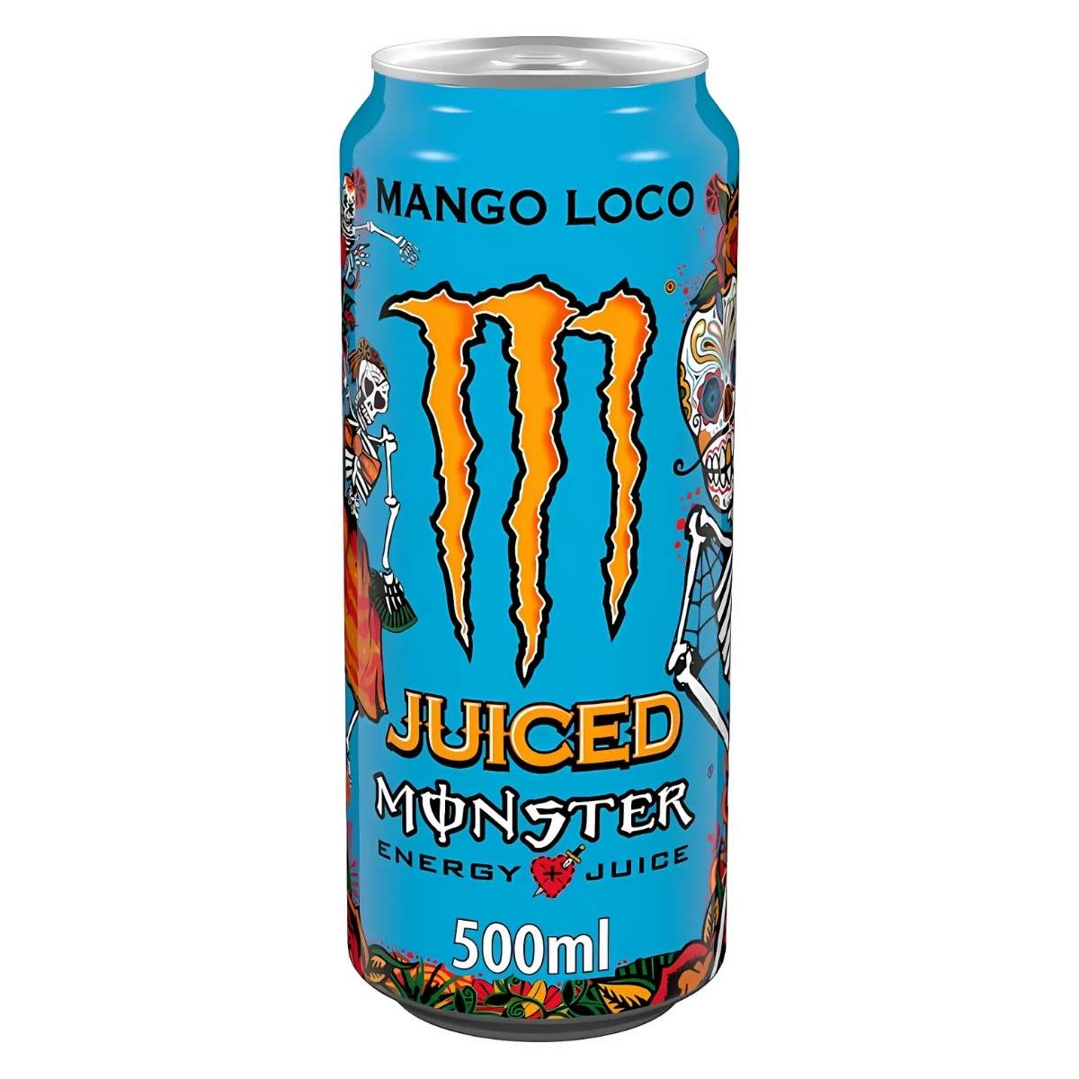 Monster Energy's Juiced Mango Loco Energy Drink, in a 500 ml can, is adorned with vibrant skeleton illustrations and delivers an exotic mango flavor combined with an energizing buzz. Monster Energy's Juiced Mango Loco Energy Drink, in a 500 ml can, is adorned with vibrant skeleton illustrations and delivers an exotic mango flavor combined with an energizing buzz.