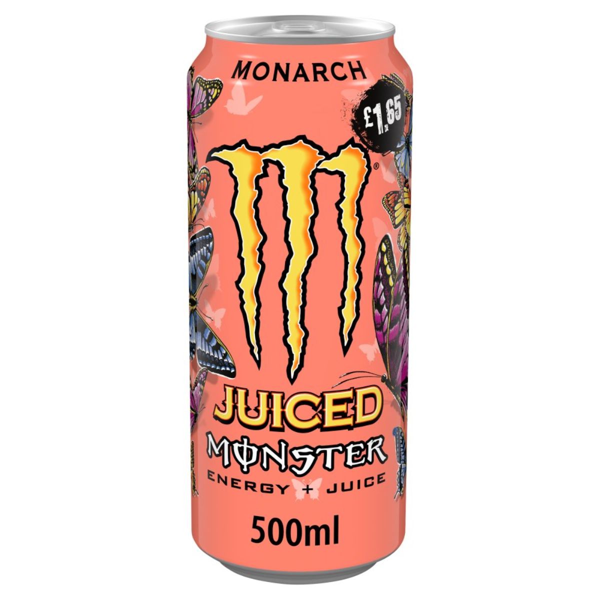 A 500ml can of Monster Energy – Monarch Juiced Energy Drink, featuring citrus flavor, butterfly graphics, and a printed price of £1.65. A 500ml can of Monster Energy – Monarch Juiced Energy Drink, featuring citrus flavor, butterfly graphics, and a printed price of £1.65.