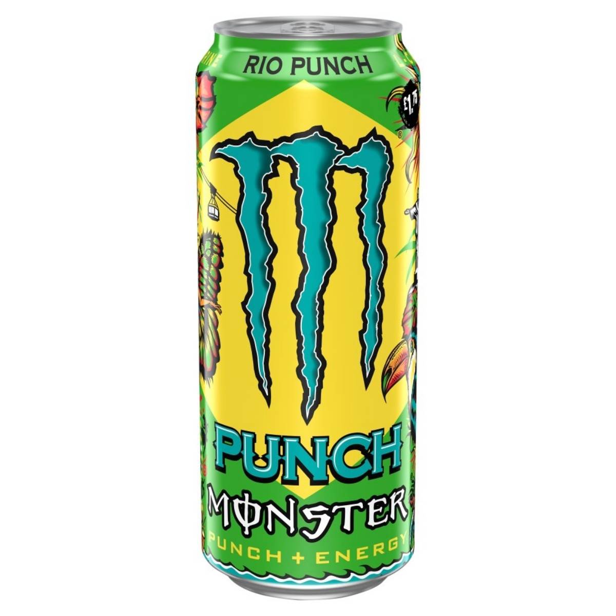 A 500ml can of Monster Rio Punch Energy Drink features a vibrant design with "Rio Punch" on top and "Punch Monster" at the bottom, ideal for an energy boost. A 500ml can of Monster Rio Punch Energy Drink features a vibrant design with "Rio Punch" on top and "Punch Monster" at the bottom, ideal for an energy boost.